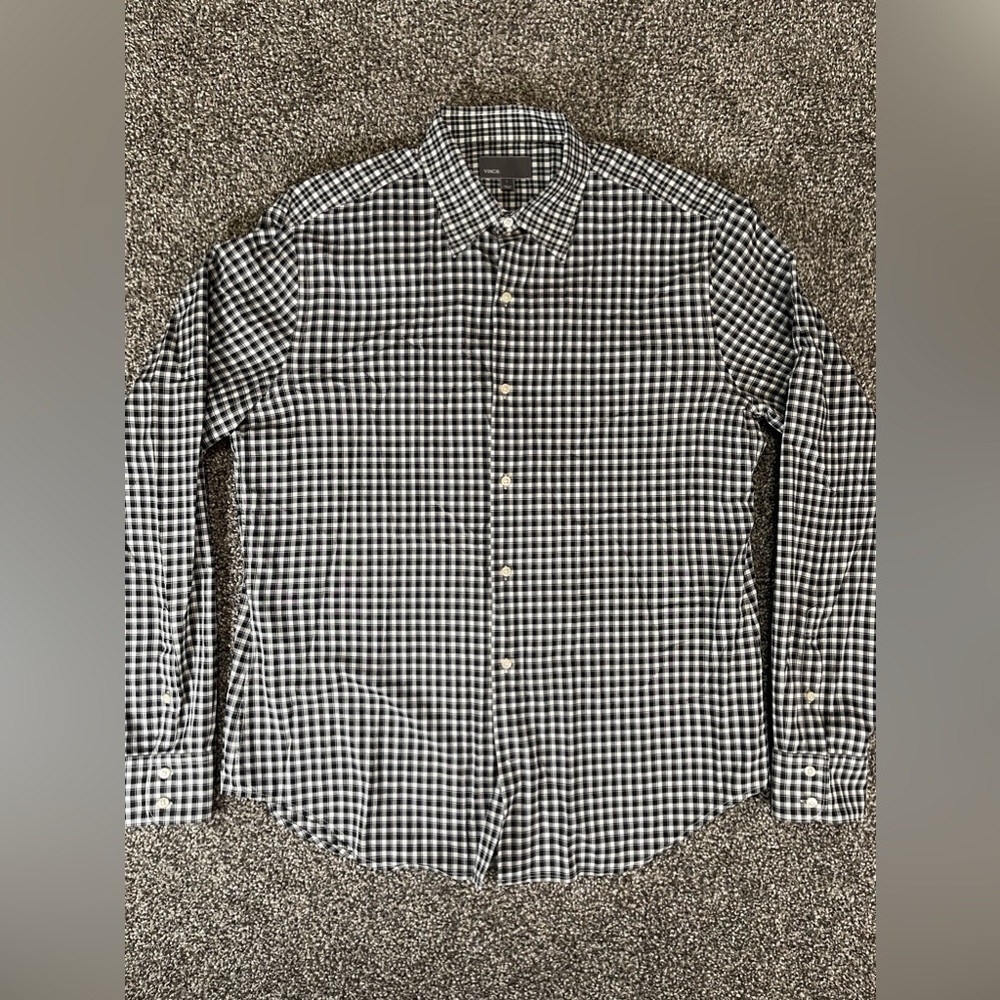 Vince Men’s Large Check Plaid Button Up Shirt Pointed Collar Cotton Black White